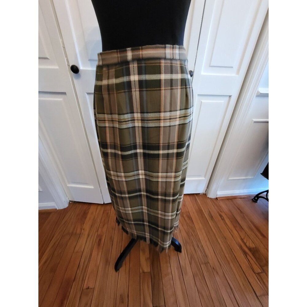 Vintage 90's Green Plaid Maxi Skirt Fringe sz 8P Preppy Academia Equestrian - Picture 1 of 6